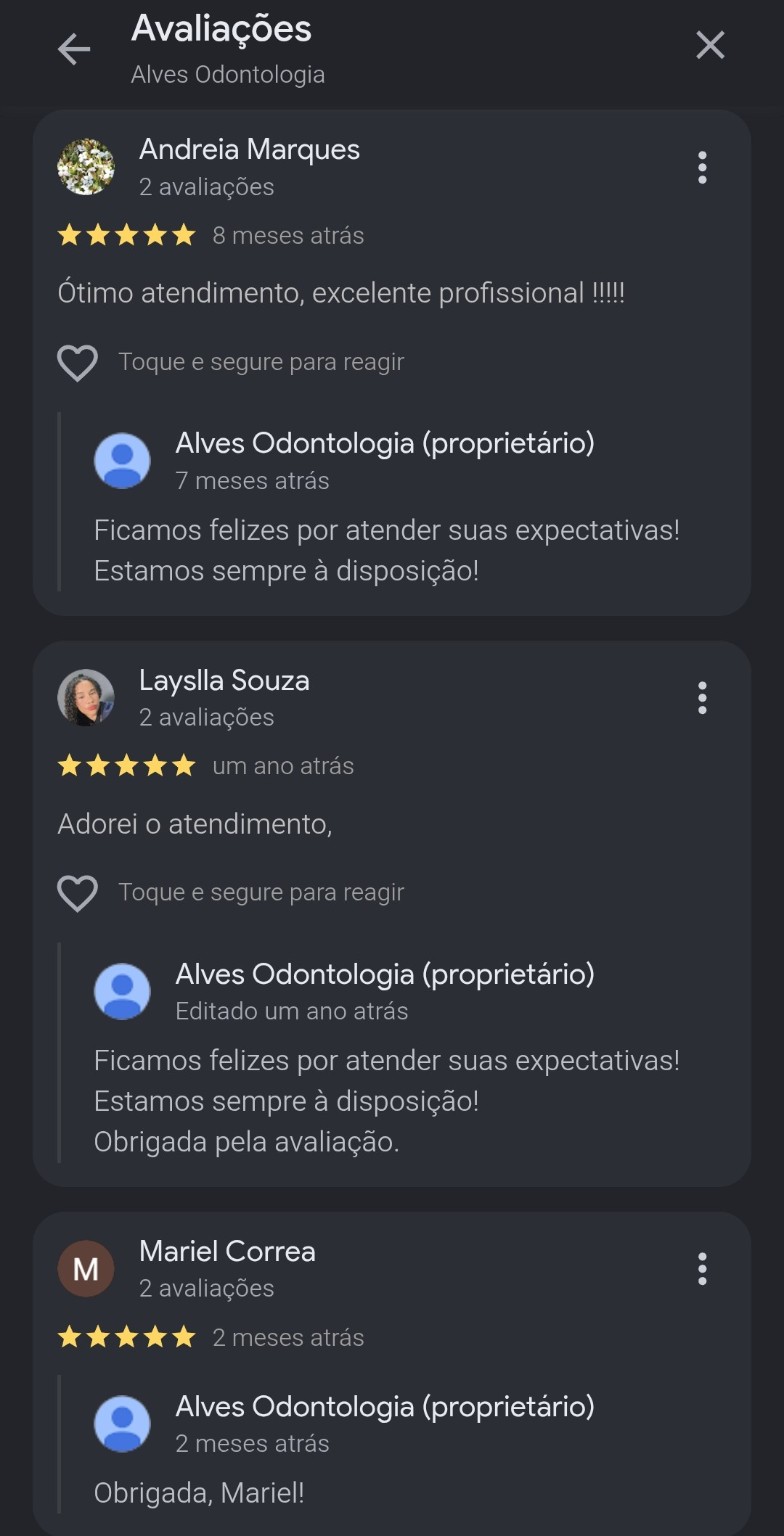 Avaliações de pacientes da Alves Odontologia