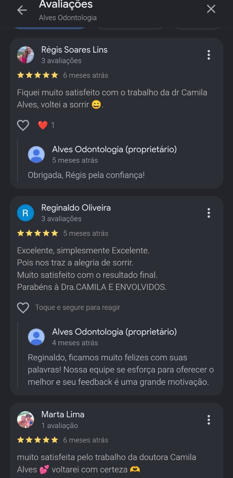 Avaliações de pacientes da Alves Odontologia