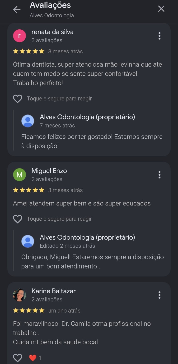 Avaliações de pacientes da Alves Odontologia